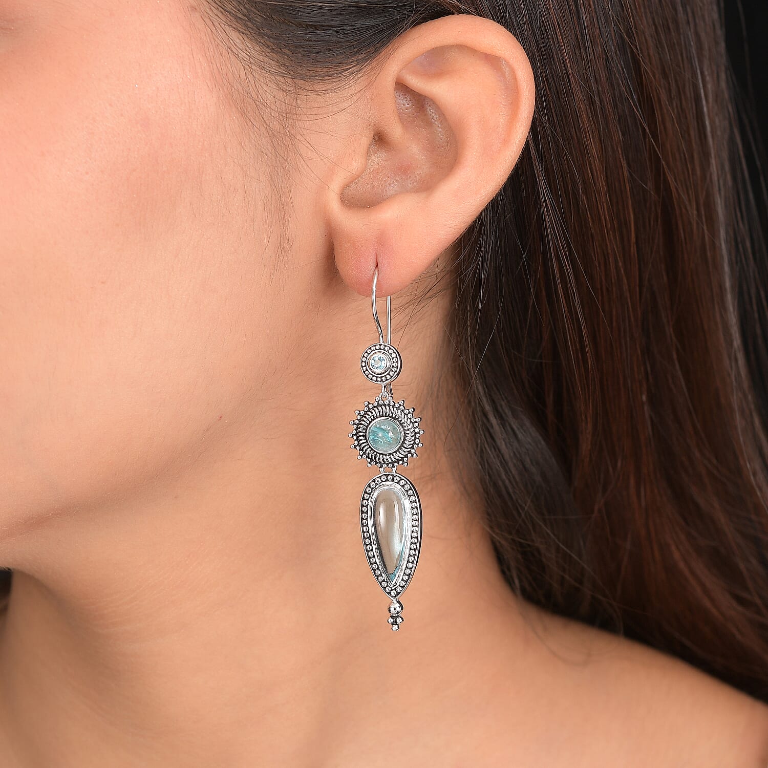 Sajen Silver - Blue Topaz, Apatite & Aquamarine Color Quartz Earring in Rhodium Overlay Sterling Silver 8.50 Ct, Silver Wt. 11.05 Gms.