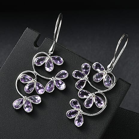 Sajen Silver- African Amethyst Earring with Hook in Rhodium Overlay Sterling Silver