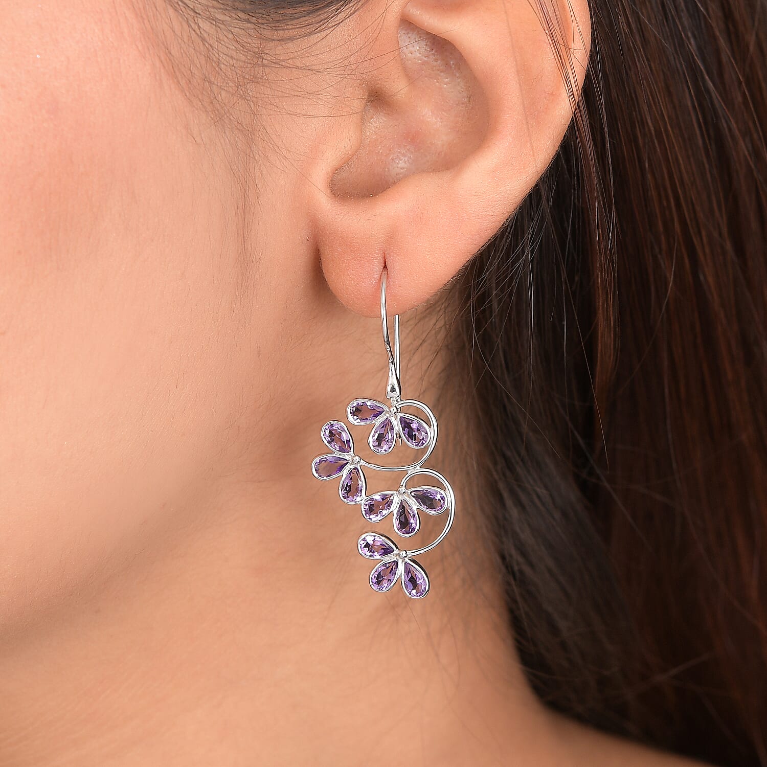 Sajen Silver- African Amethyst Earring with Hook in Rhodium Overlay Sterling Silver