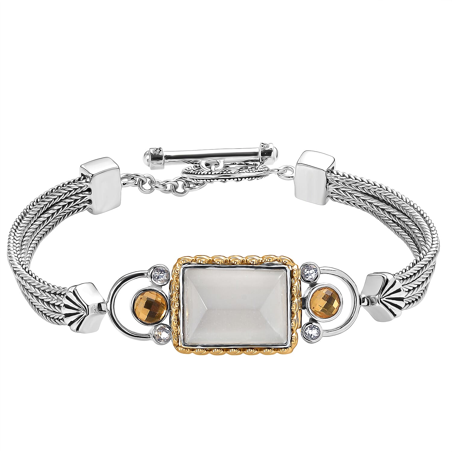 Sajen Silver - Moonstone, White Topaz & Titanium Gold Mystic Quartz Bracelet (Size 7.5) with T-Bar Clasp in Yellow Gold Plated & Rhodium Overlay Sterling Silver 12.46 Ct, Silver Wt. 20.10 Gms.