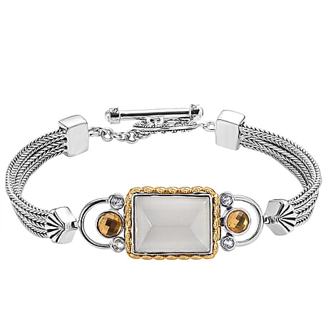 Sajen Silver - Moonstone, White Topaz & Titanium Gold Mystic Quartz Bracelet (Size 7.5) with T-Bar Clasp in Yellow Gold Plated & Rhodium Overlay Sterling Silver 12.46 Ct, Silver Wt. 20.10 Gms.