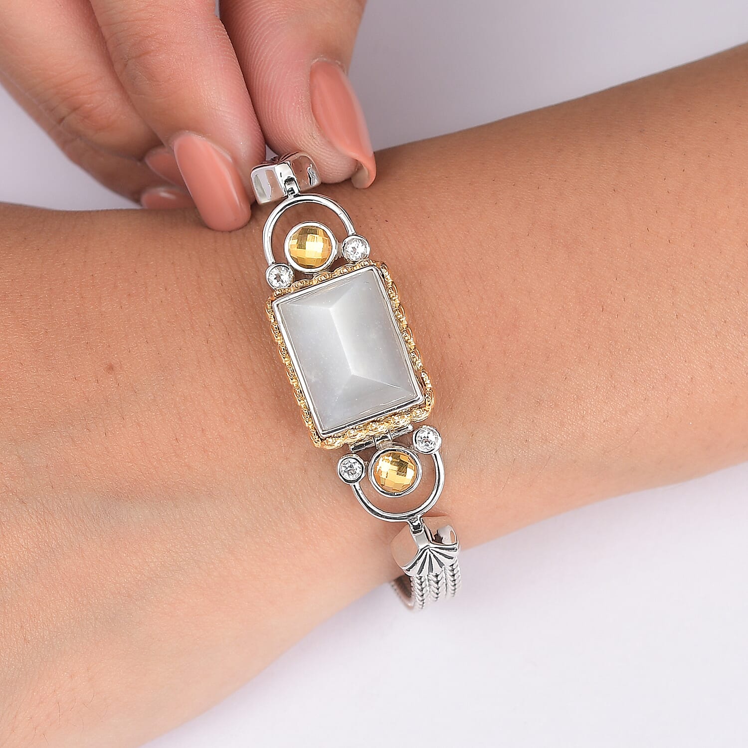 Sajen Silver - Moonstone, White Topaz & Titanium Gold Mystic Quartz Bracelet (Size 7.5) with T-Bar Clasp in Yellow Gold Plated & Rhodium Overlay Sterling Silver 12.46 Ct, Silver Wt. 20.10 Gms.