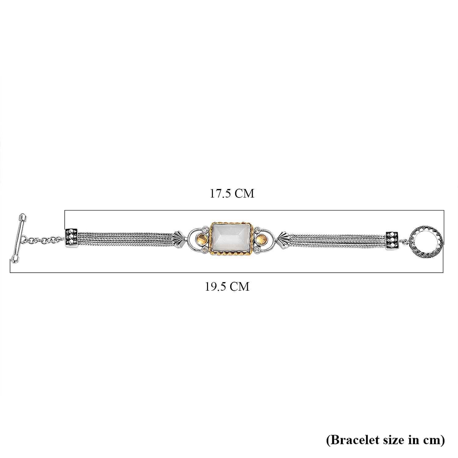 Sajen Silver - Moonstone, White Topaz & Titanium Gold Mystic Quartz Bracelet (Size 7.5) with T-Bar Clasp in Yellow Gold Plated & Rhodium Overlay Sterling Silver 12.46 Ct, Silver Wt. 20.10 Gms.