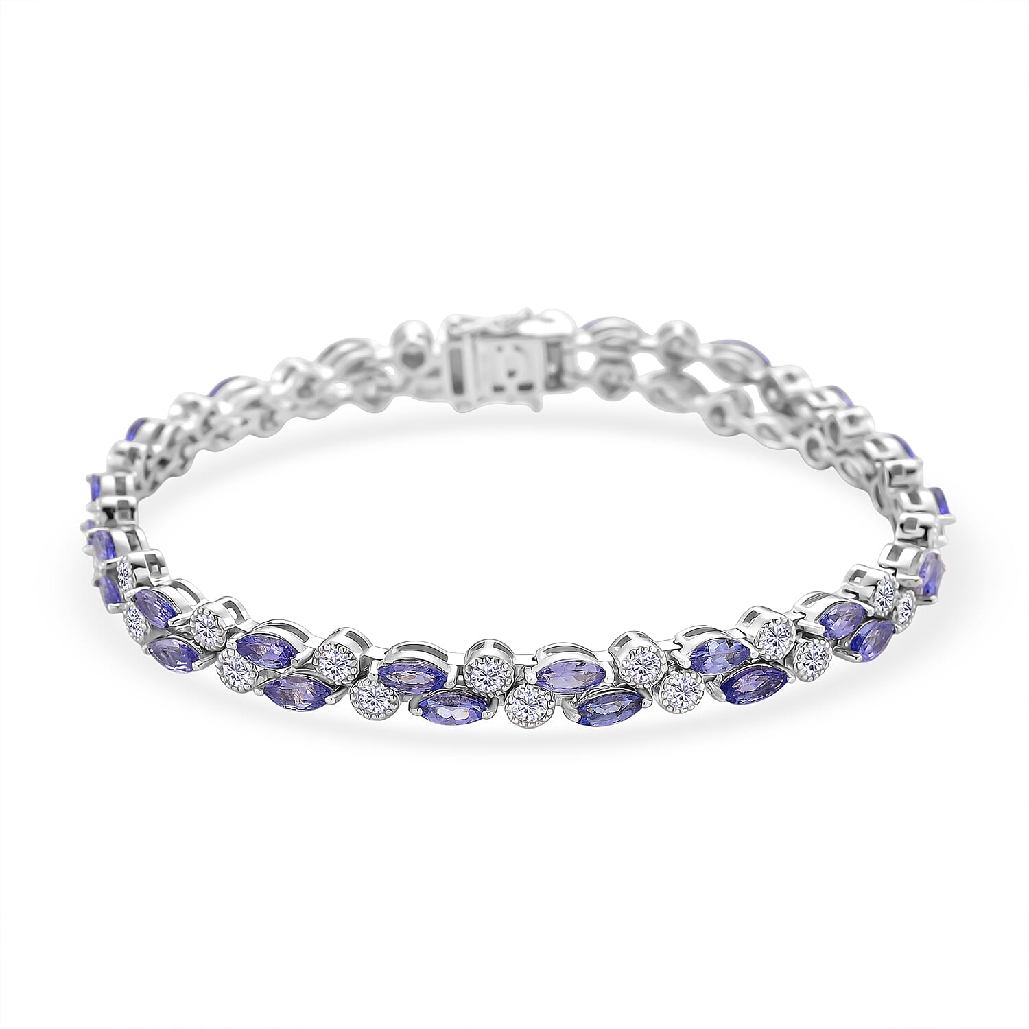 D'Joy Tanzanite & Moissanite Bracelet (Size 7) in Rhodium Overlay Sterling Silver 10.50 Ct, Silver Wt. 15.54 Gms.