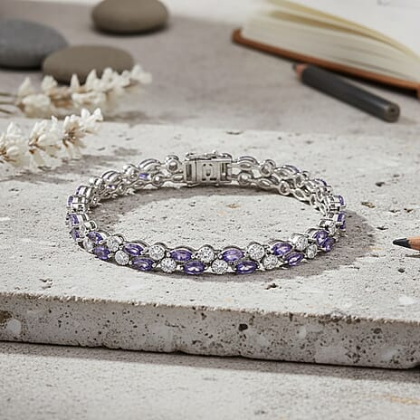 D'Joy Tanzanite, Moissanite Fancy Bracelet (Size - 7.5) in Rhodium OverlaySterling Silver, Silver Wt.20 Gms  11.200  Ct.