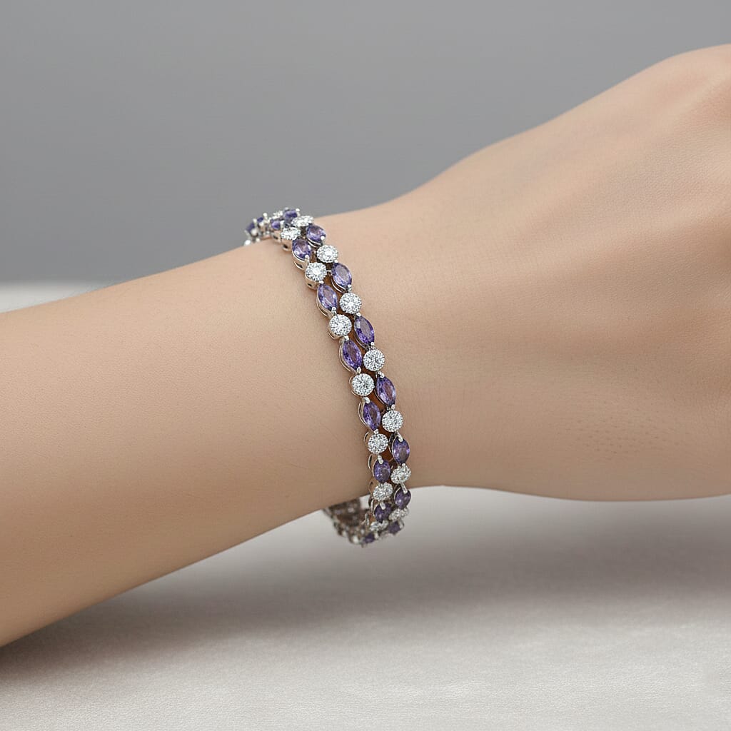 D'Joy Tanzanite, Moissanite Fancy Bracelet (Size - 7.5) in Rhodium OverlaySterling Silver, Silver Wt.20 Gms  11.200  Ct.