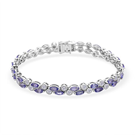 D'Joy Tanzanite & Moissanite Bracelet (Size 8) in Rhodium Overlay Sterling Silver 11.90 Ct, Silver Wt. 17.30 Gms.