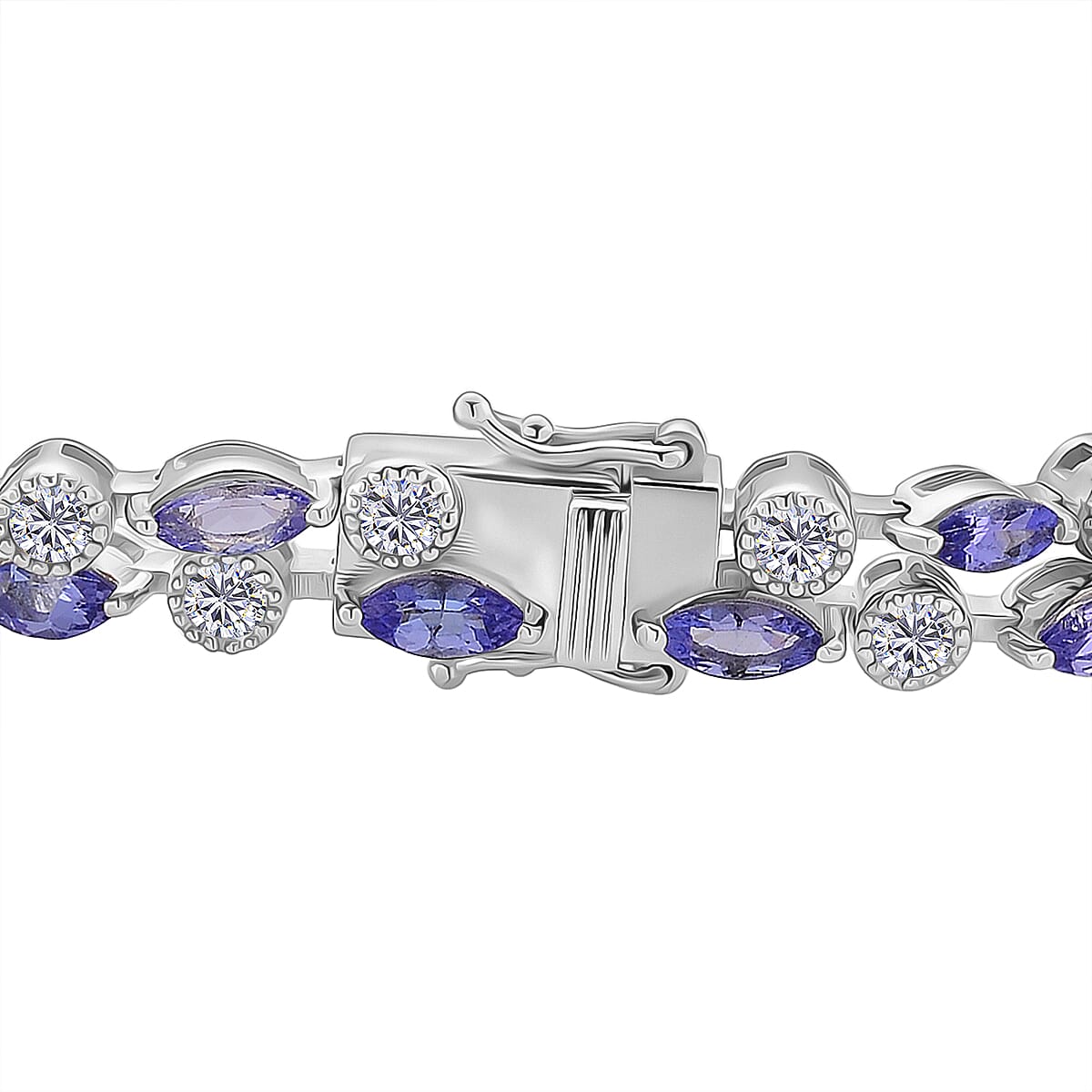 D'Joy Tanzanite & Moissanite Bracelet (Size 8) in Rhodium Overlay Sterling Silver 11.90 Ct, Silver Wt. 17.30 Gms.