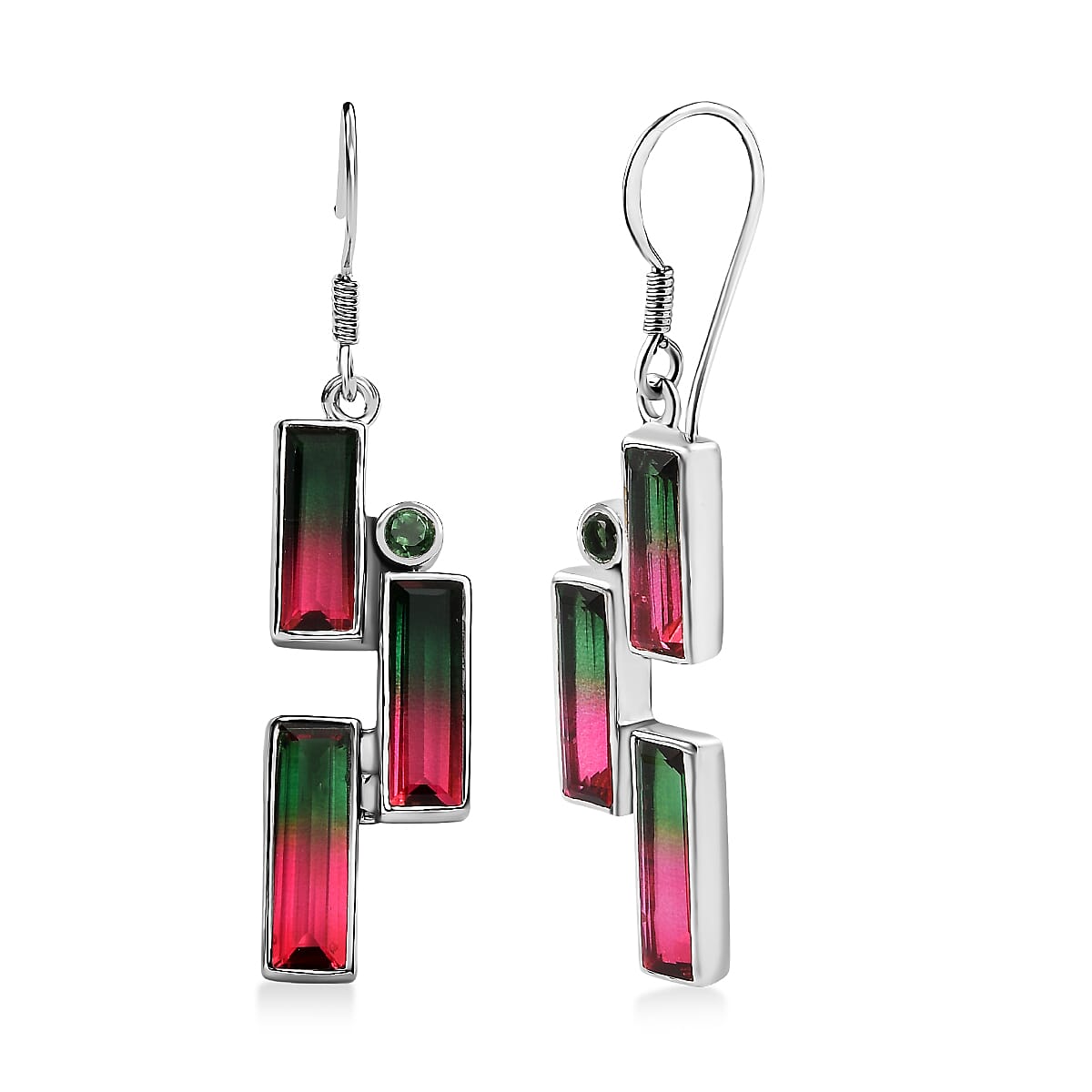Watermelon Quartz Triplet & Triplet Quartz Earring with Hook in Rhodium Overlay Sterling Silver 12.32 Ct.