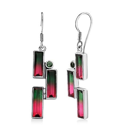 Watermelon Quartz Triplet & Triplet Quartz Earring with Hook in Rhodium Overlay Sterling Silver 12.32 Ct.