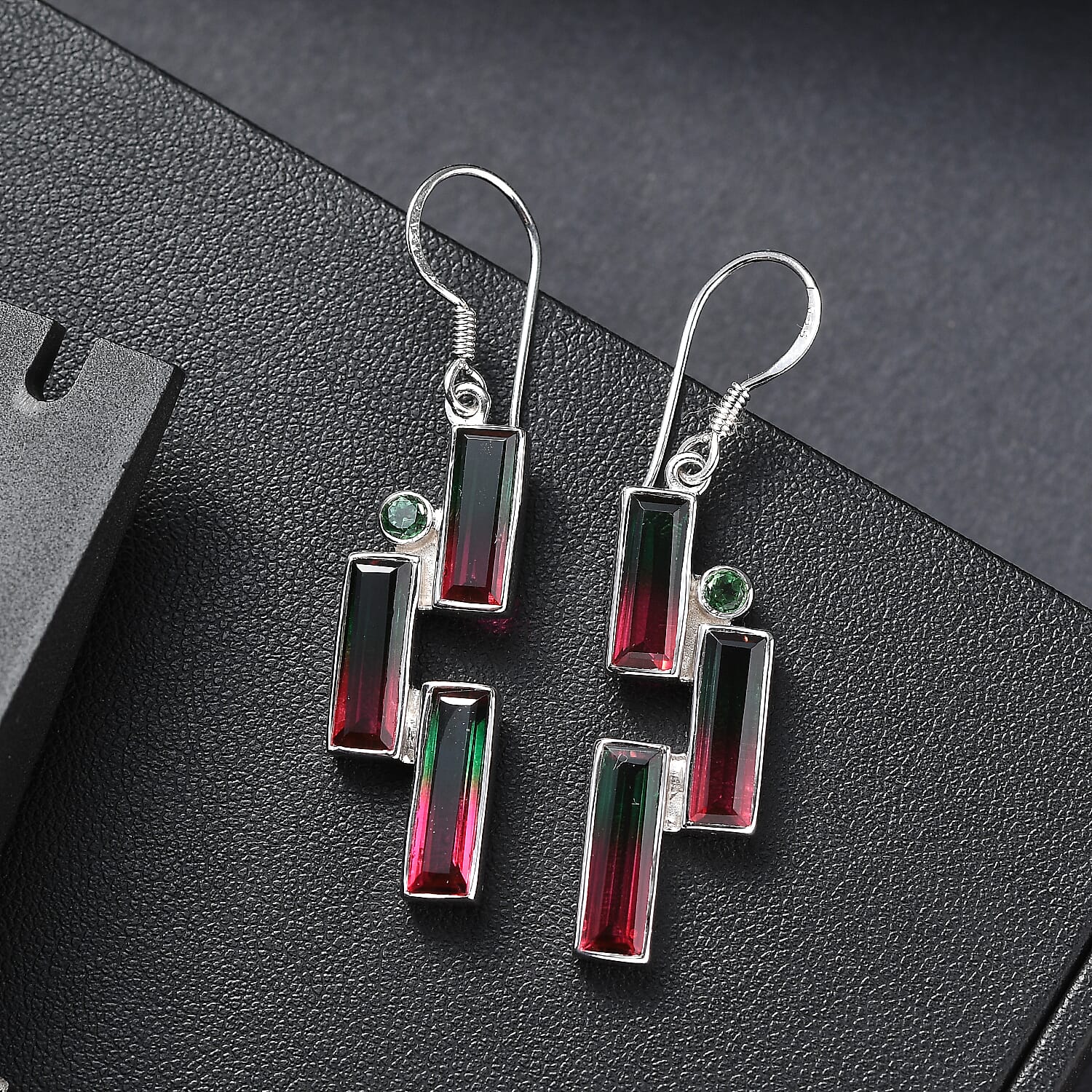 Watermelon Quartz Triplet & Triplet Quartz Earring with Hook in Rhodium Overlay Sterling Silver 12.32 Ct.