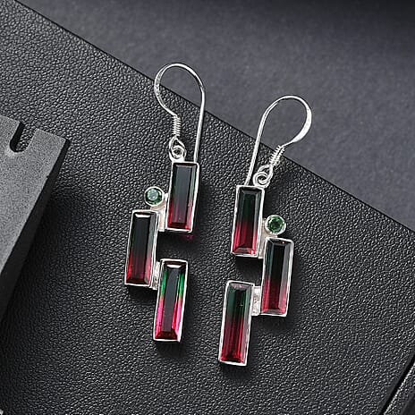 Watermelon Quartz Triplet & Triplet Quartz Earring with Hook in Rhodium Overlay Sterling Silver 12.32 Ct.