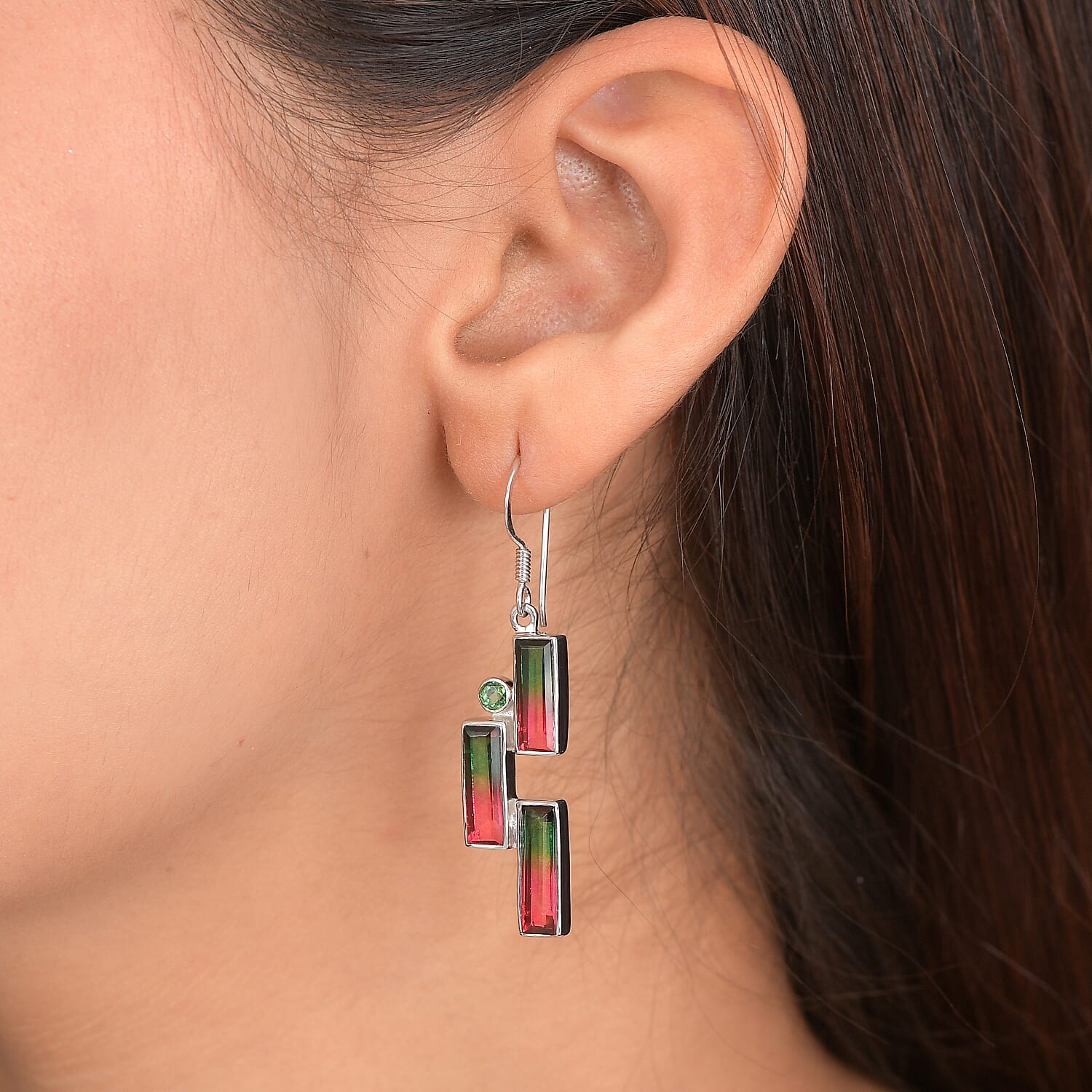 Watermelon Quartz Triplet & Triplet Quartz Earring with Hook in Rhodium Overlay Sterling Silver 12.32 Ct.