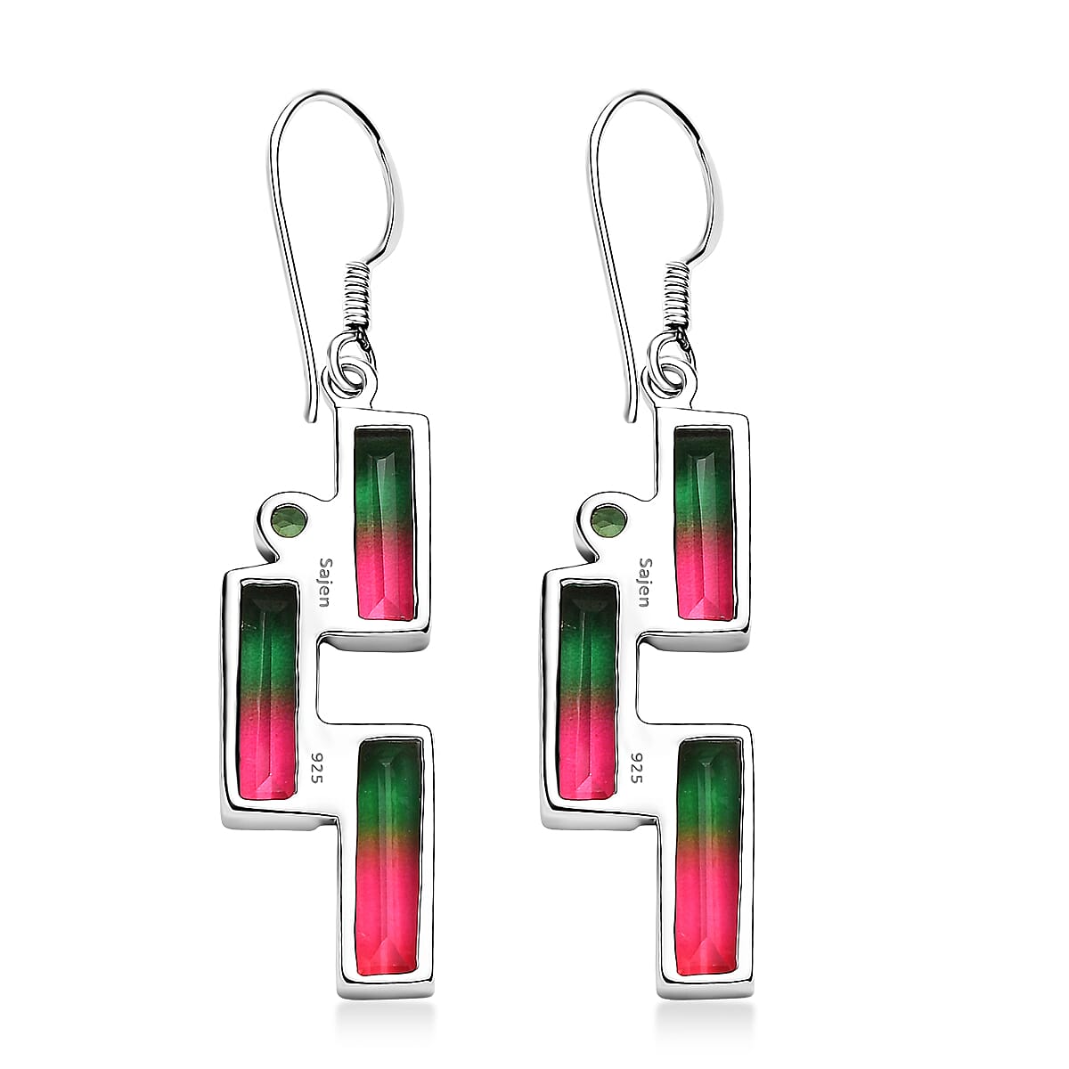 Watermelon Quartz Triplet & Triplet Quartz Earring with Hook in Rhodium Overlay Sterling Silver 12.32 Ct.