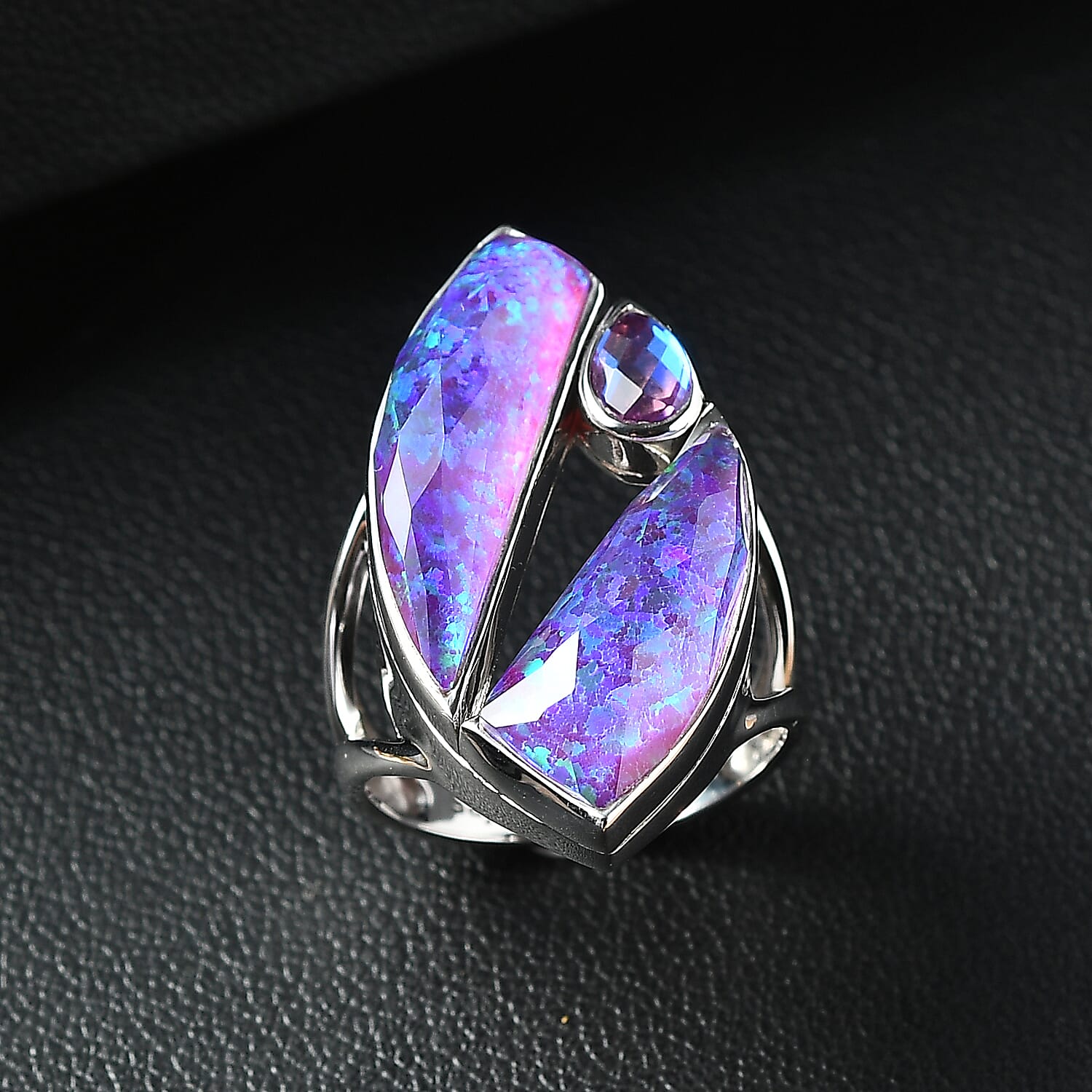 Sajen Silver - Opal Doublet & Rainbow Lavender Ring in Rhodium Overlay Sterling Silver 10.12 Ct, Silver Wt. 5.00 Gms.