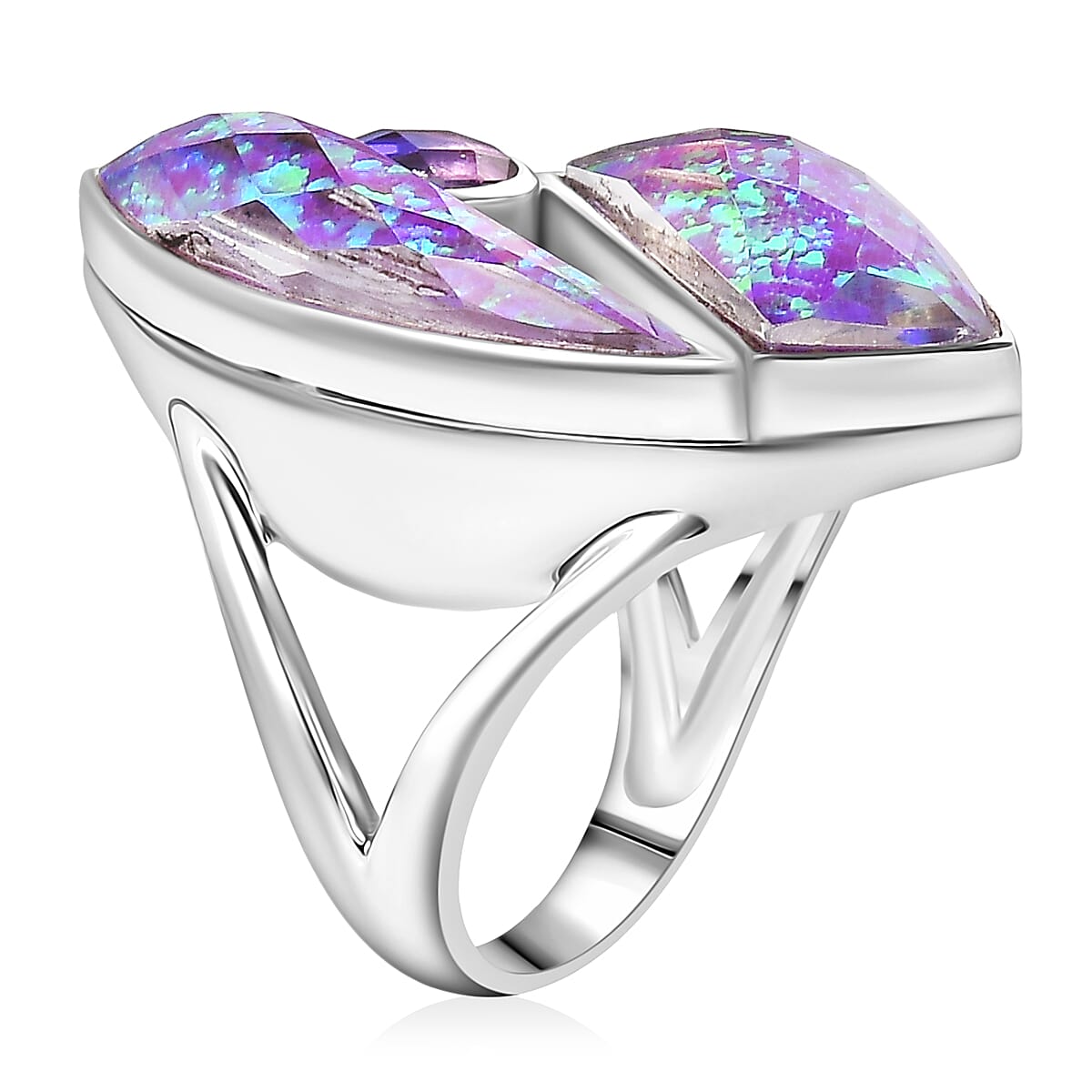 Sajen Silver - Opal Doublet & Rainbow Lavender Ring in Rhodium Overlay Sterling Silver 10.12 Ct, Silver Wt. 5.00 Gms.