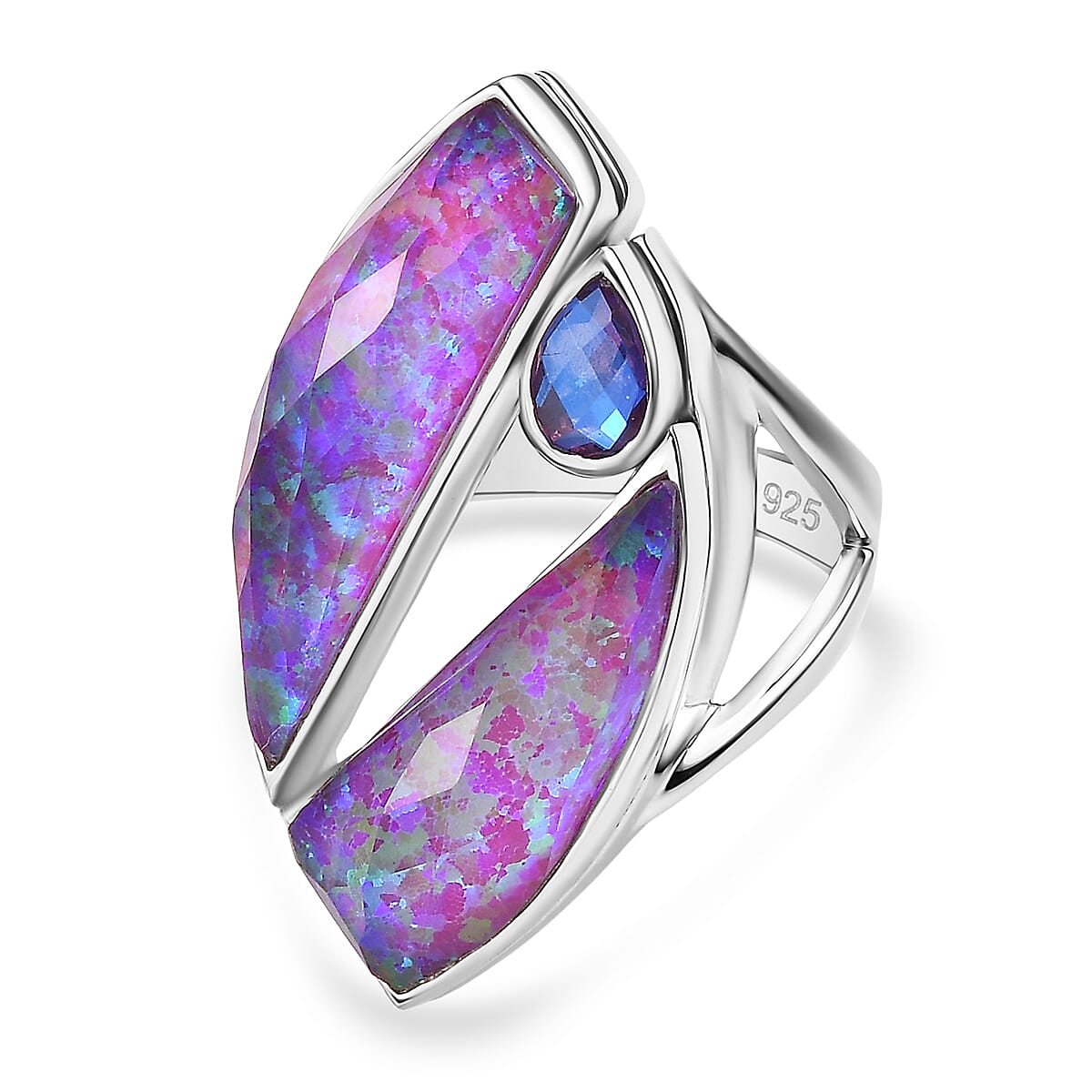 Sajen Silver - Opal Doublet, Rainbow Lavender Boho Ring in Rhodium Overlay Sterling Silver 10.12 Ct.