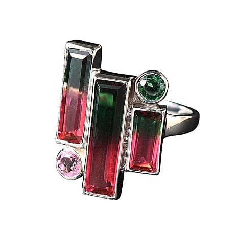 Watermelon Quartz Triplet, Triplet Quartz & Pink Triplet Quartz Ring in Rhodium Overlay Sterling Silver 4.90 Ct.