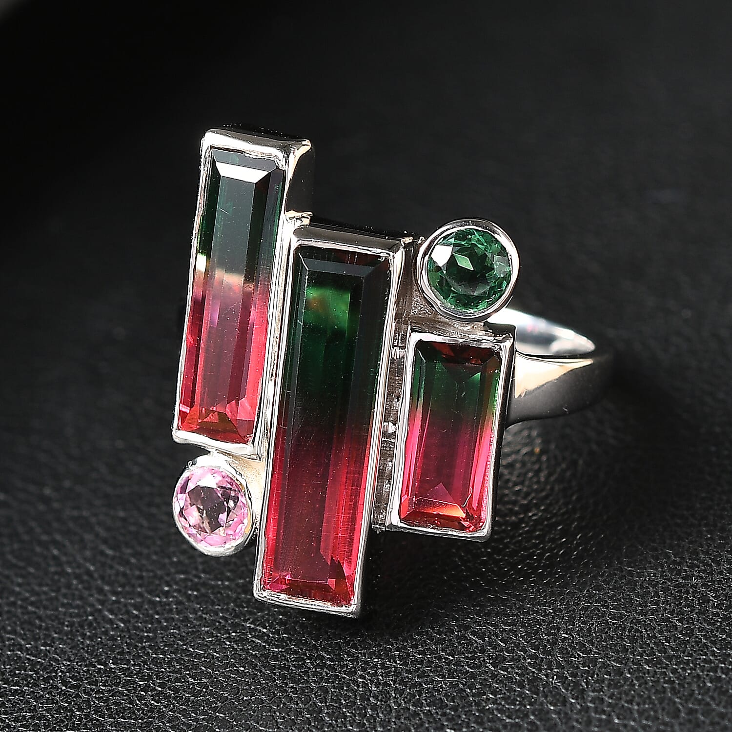 Watermelon Quartz Triplet, Triplet Quartz & Pink Triplet Quartz Ring in Rhodium Overlay Sterling Silver 4.90 Ct.