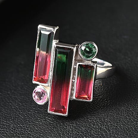 Watermelon Quartz Triplet, Triplet Quartz & Pink Triplet Quartz Ring in Rhodium Overlay Sterling Silver 4.90 Ct.