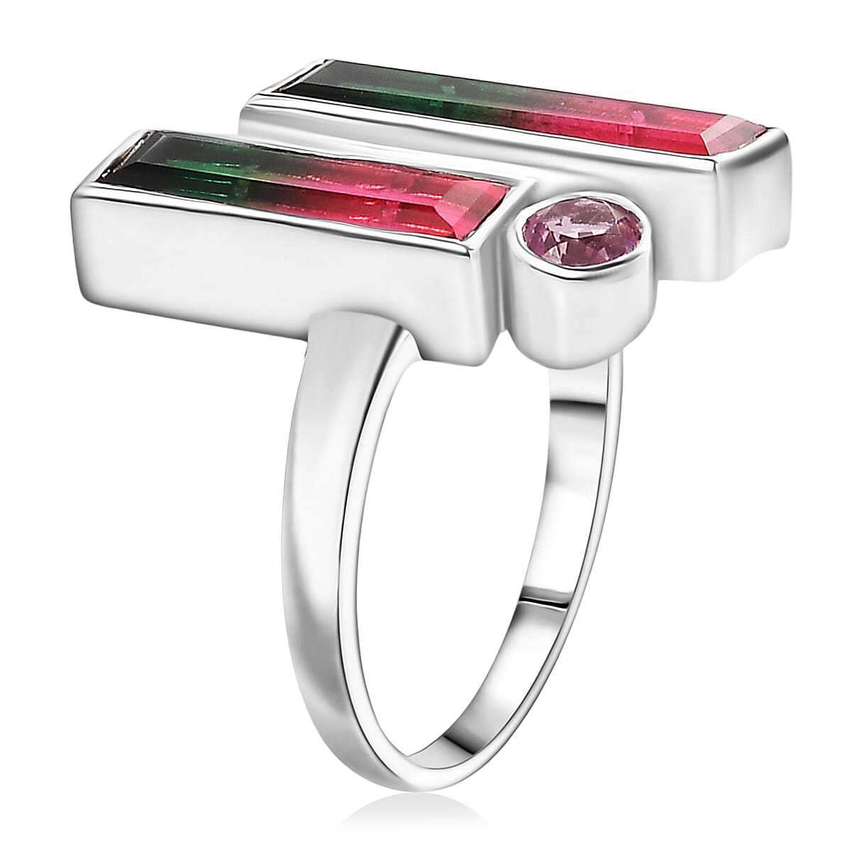 Watermelon Quartz Triplet, Triplet Quartz & Pink Triplet Quartz Ring in Rhodium Overlay Sterling Silver 4.90 Ct.