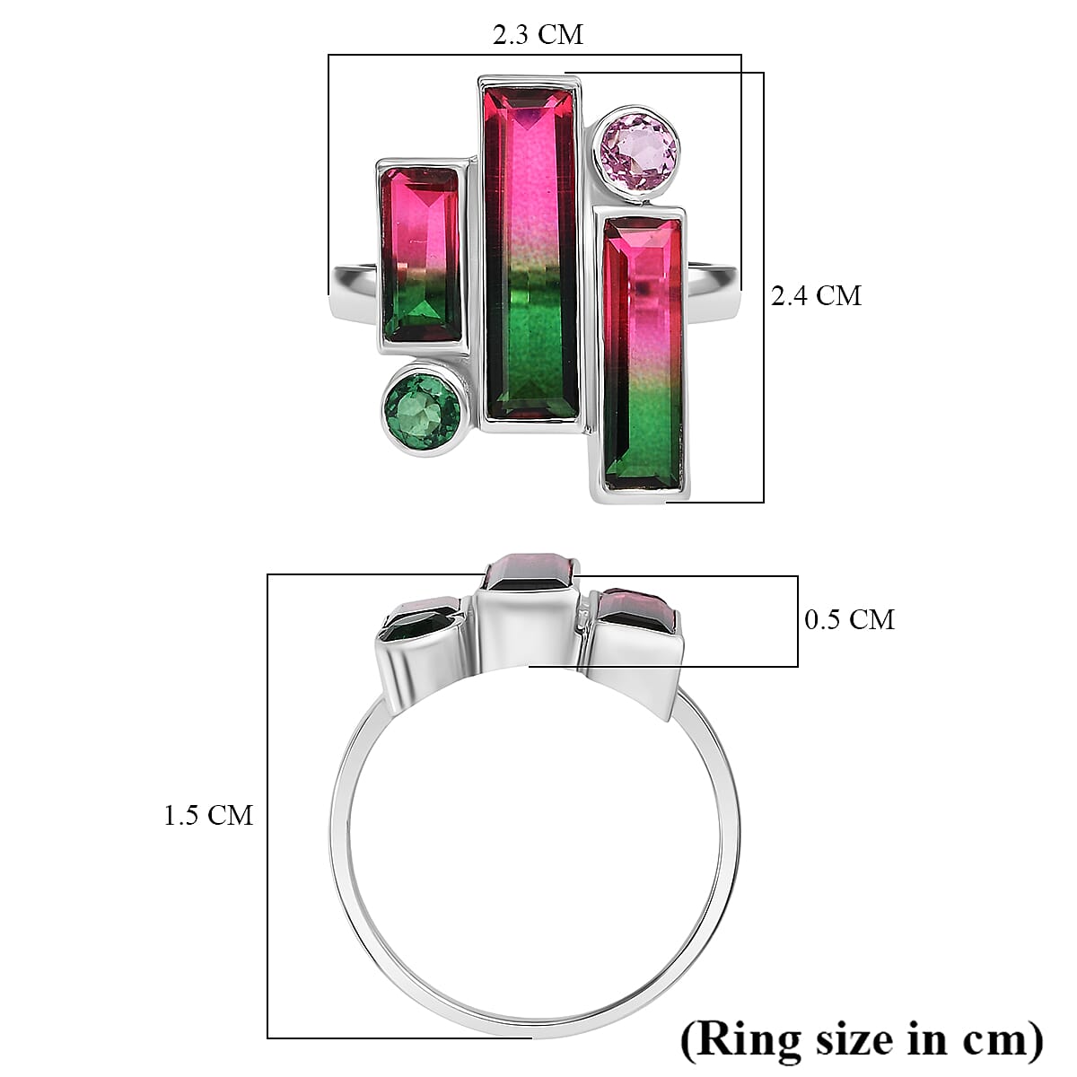Watermelon Quartz Triplet, Triplet Quartz & Pink Triplet Quartz Ring in Rhodium Overlay Sterling Silver 4.90 Ct.