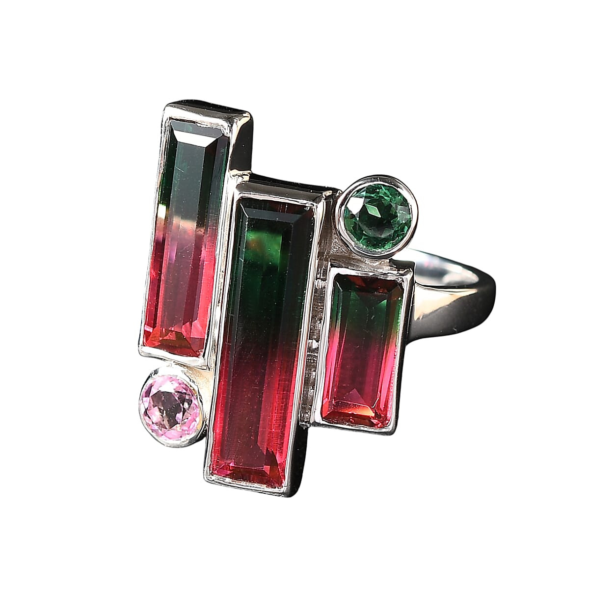 Sajen Silver - Watermelon Quartz Triplet, Triplet Quartz & Pink Triplet Quartz Boho Ring in Rhodium Overlay Sterling Silver 4.90 Ct.