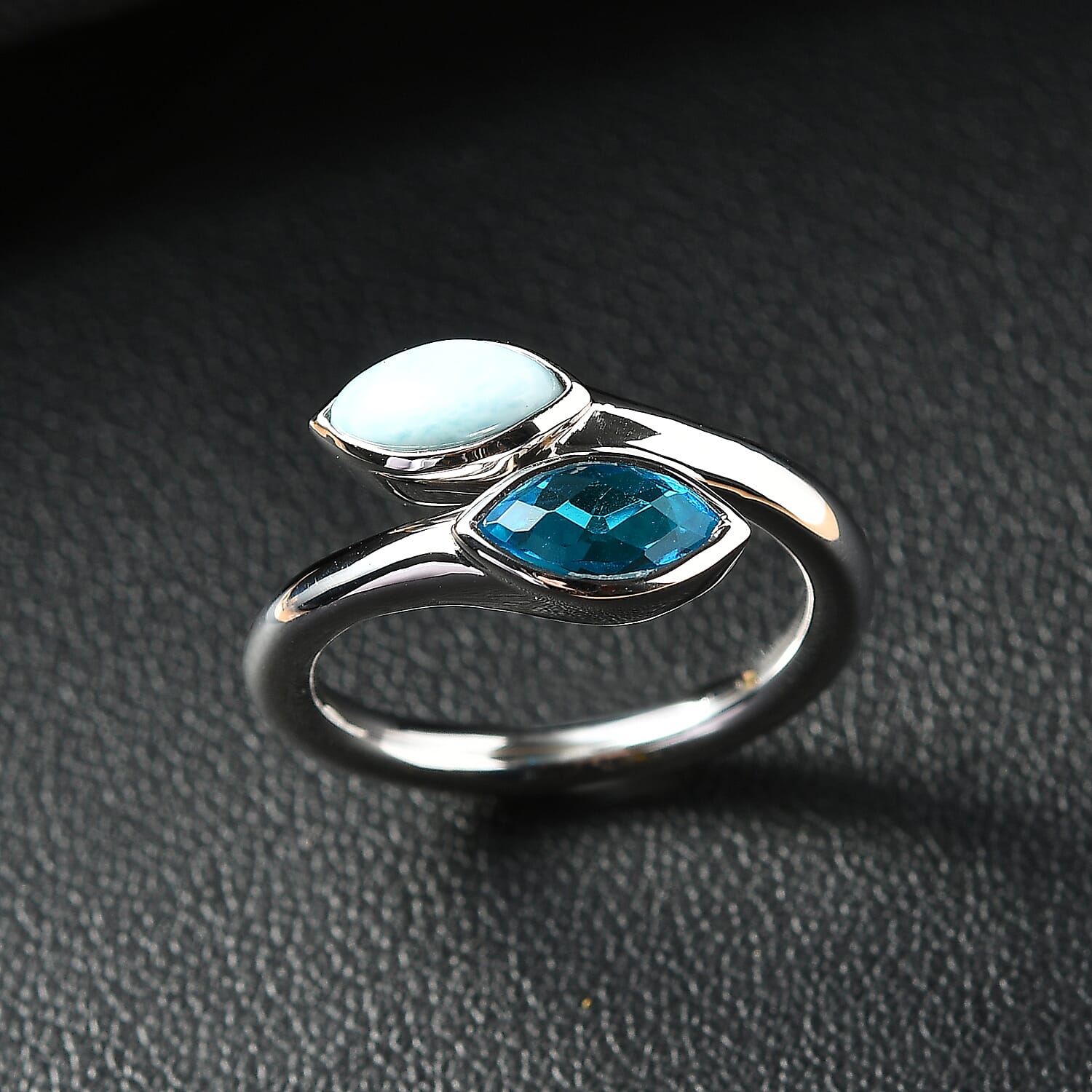 Sajen Silver Larimar & Celestial Swiss Blue Mystic Quartz Adjustable Ring in Rhodium Overlay Sterling Silver 1.20 Ct.