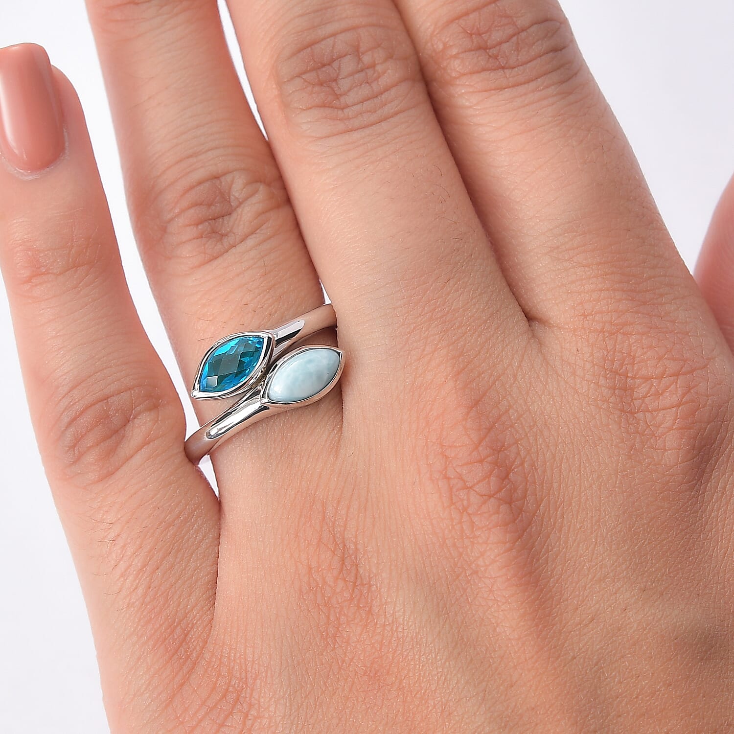 Sajen Silver Larimar & Celestial Swiss Blue Mystic Quartz Adjustable Ring in Rhodium Overlay Sterling Silver 1.20 Ct.