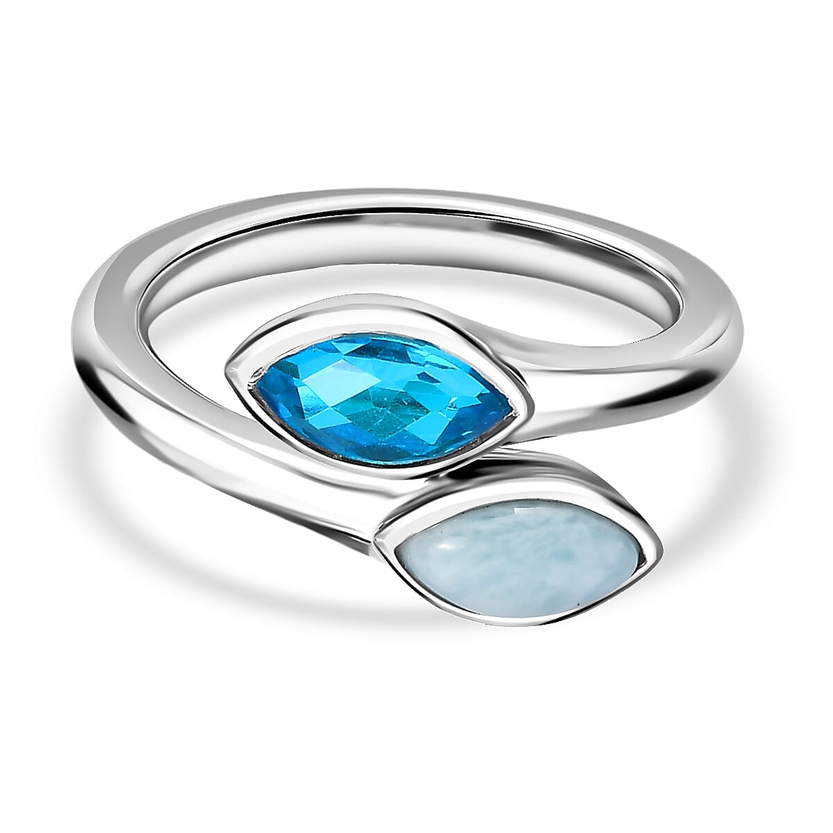 Sajen Silver Larimar, Celestial Swiss Blue Mystic Quartz Adjustable Bypass Ring in Rhodium Overlay Sterling Silver 1.20 Ct.