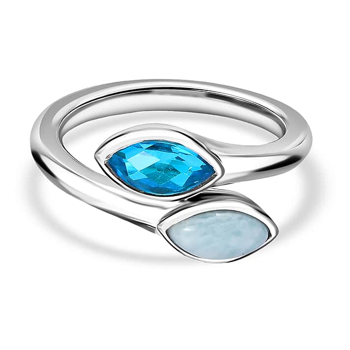 Sajen Silver Larimar, Celestial Swiss Blue Mystic Quartz Adjustable Bypass Ring in Rhodium Overlay Sterling Silver 1.20 Ct.
