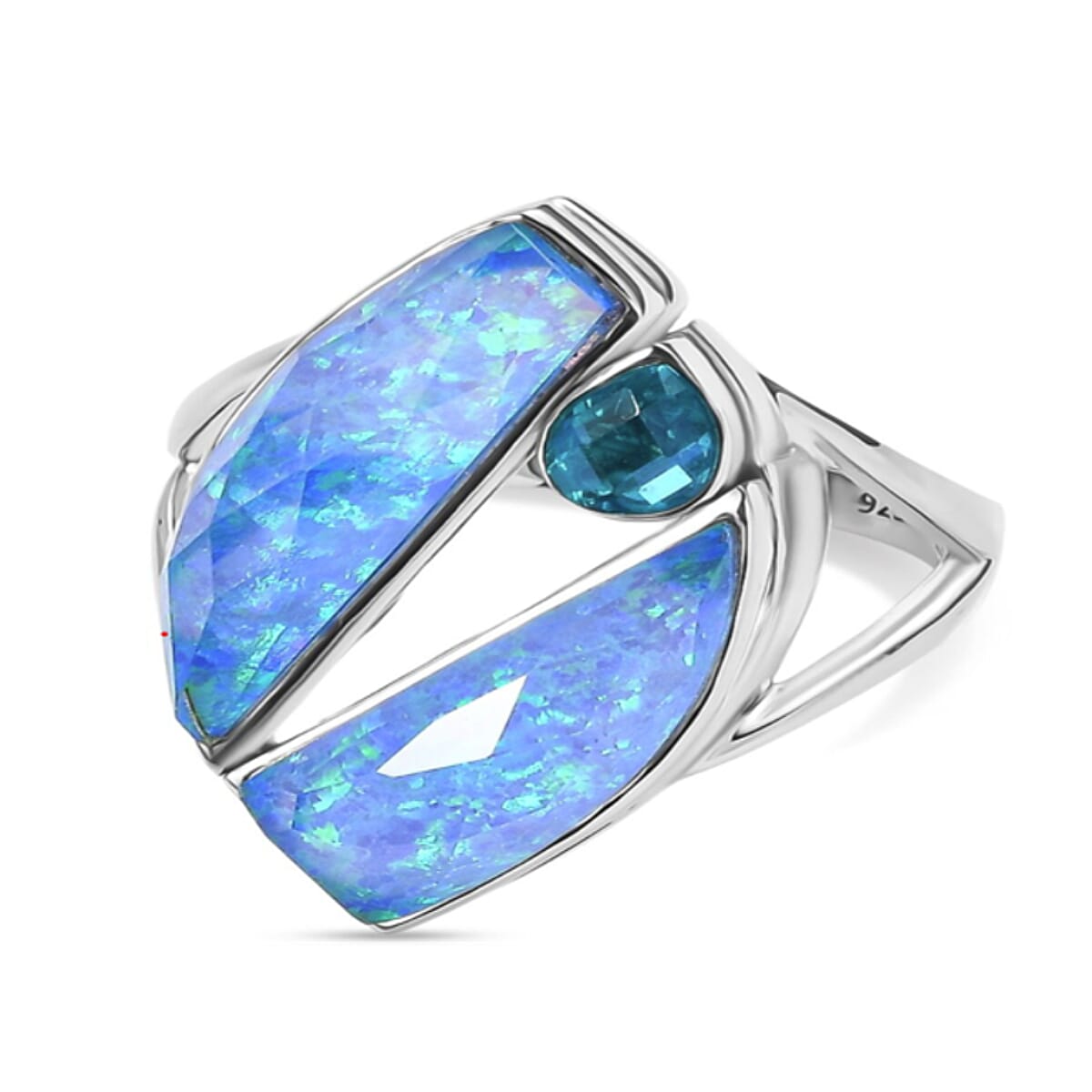 Sajen Silver Opal Doublet & Rainbow Paraiba Ring in Rhodium Overlay Sterling Silver 10.12 Ct, Silver Wt. 5.20 Gms.