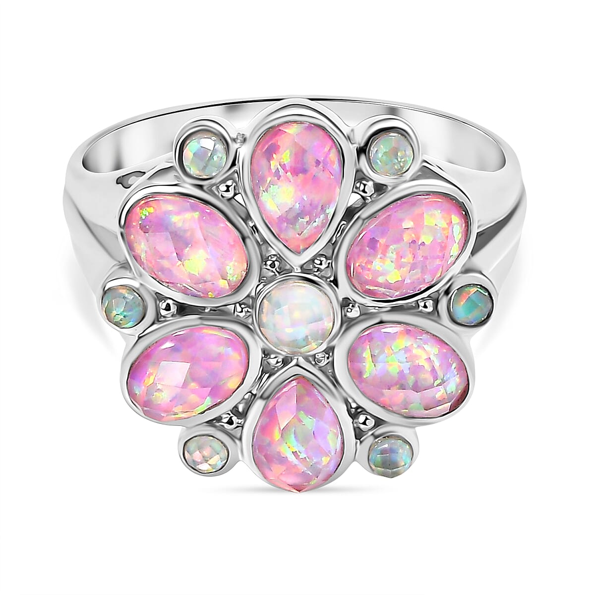 Sajen Silver Opal Doublet Floral Ring in Rhodium Overlay Sterling Silver 3.33 Ct.