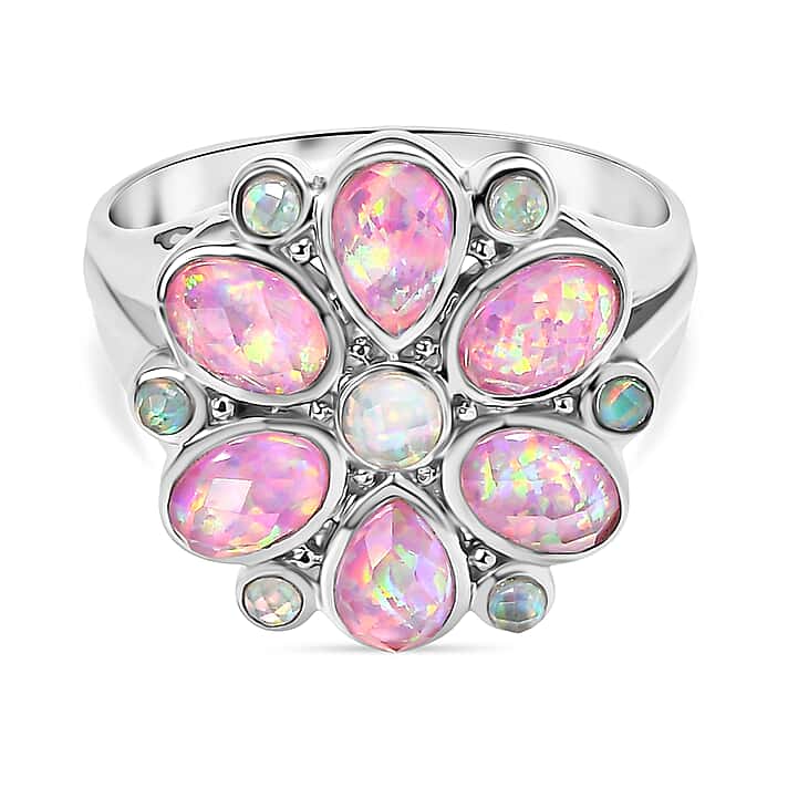 Sajen Silver Opal Doublet Floral Ring in Rhodium Overlay Sterling Silver 3.33 Ct.