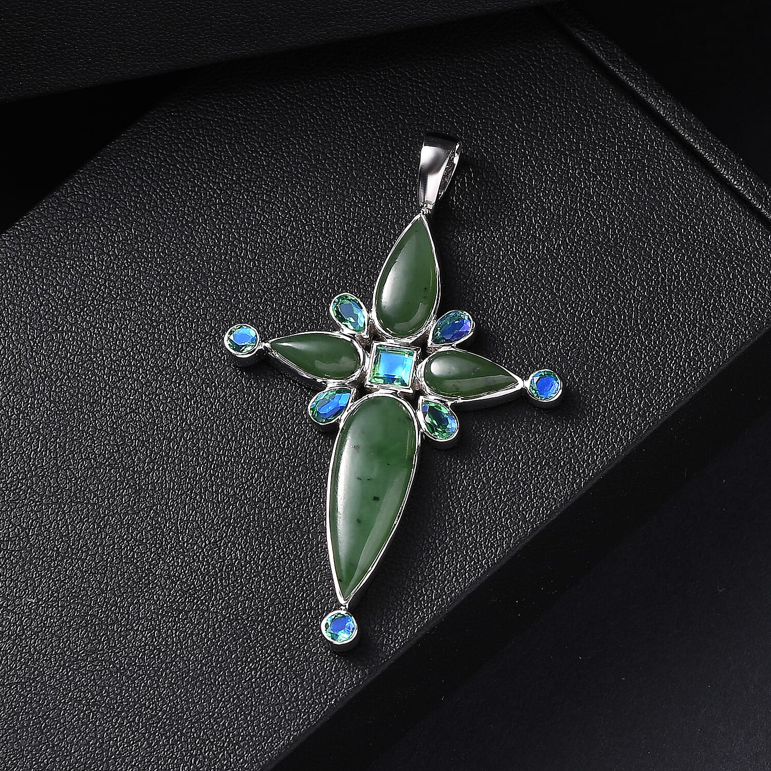 Sajen Silver Nephrite Jade & Peacock Triplet Quartz Pendant in Rhodium Overlay Sterling Silver 14.25 Ct, Silver Wt. 5.43 Gms.