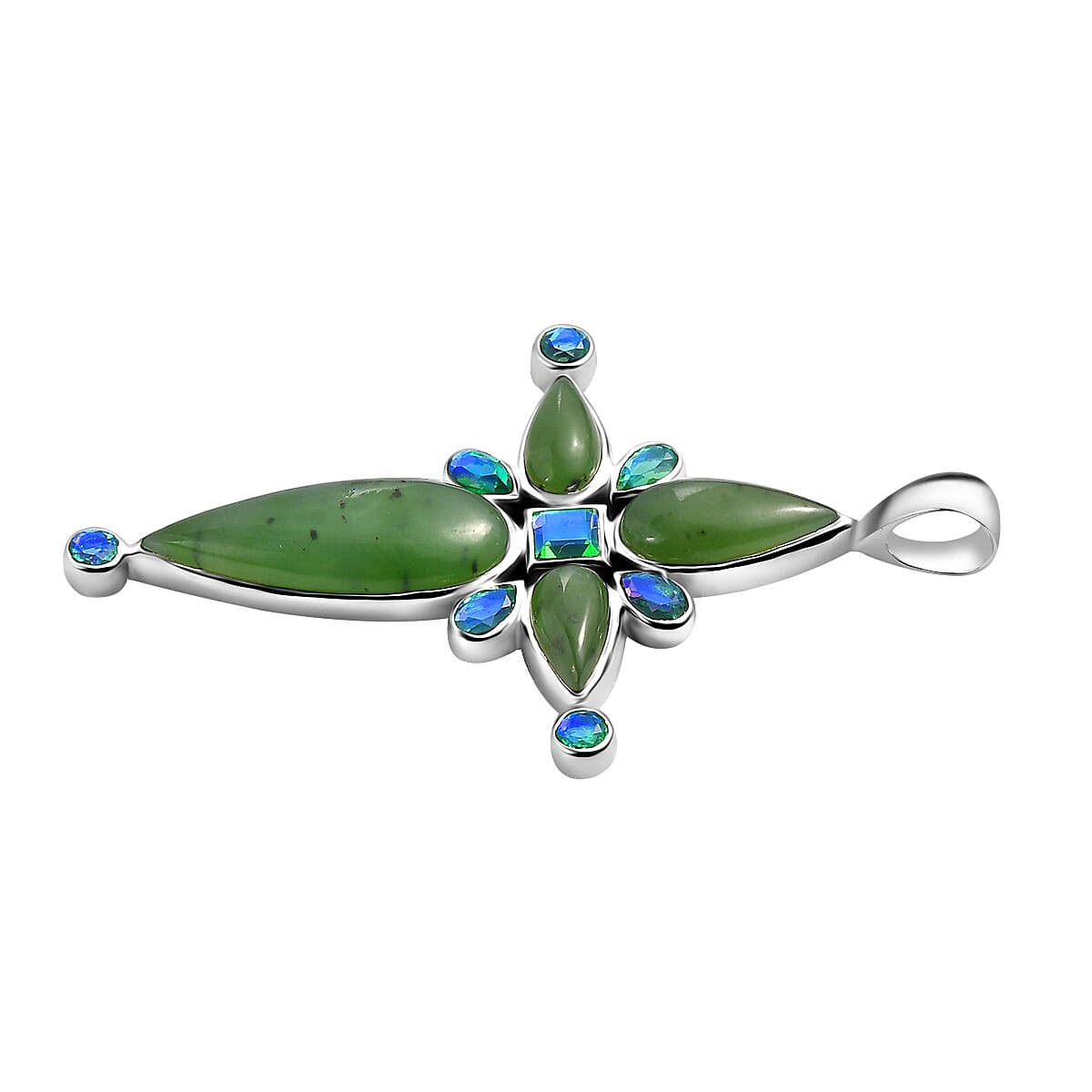 Sajen Silver Nephrite Jade & Peacock Triplet Quartz Pendant in Rhodium Overlay Sterling Silver 14.25 Ct, Silver Wt. 5.43 Gms.