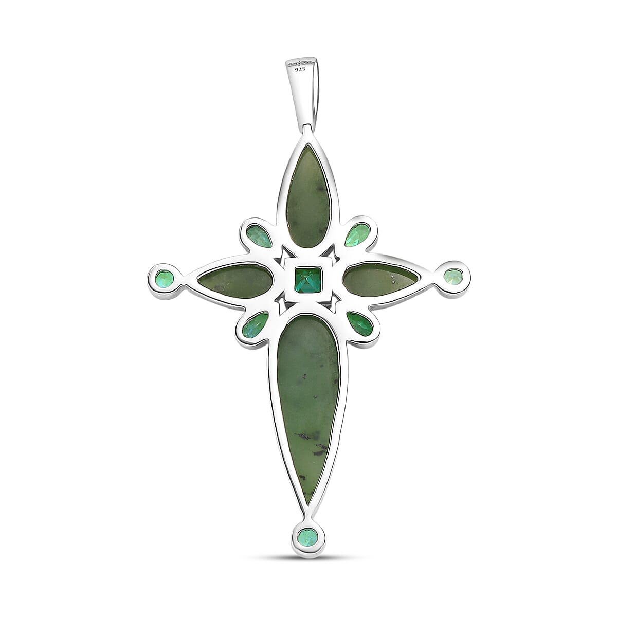 Sajen Silver Nephrite Jade & Peacock Triplet Quartz Pendant in Rhodium Overlay Sterling Silver 14.25 Ct, Silver Wt. 5.43 Gms.