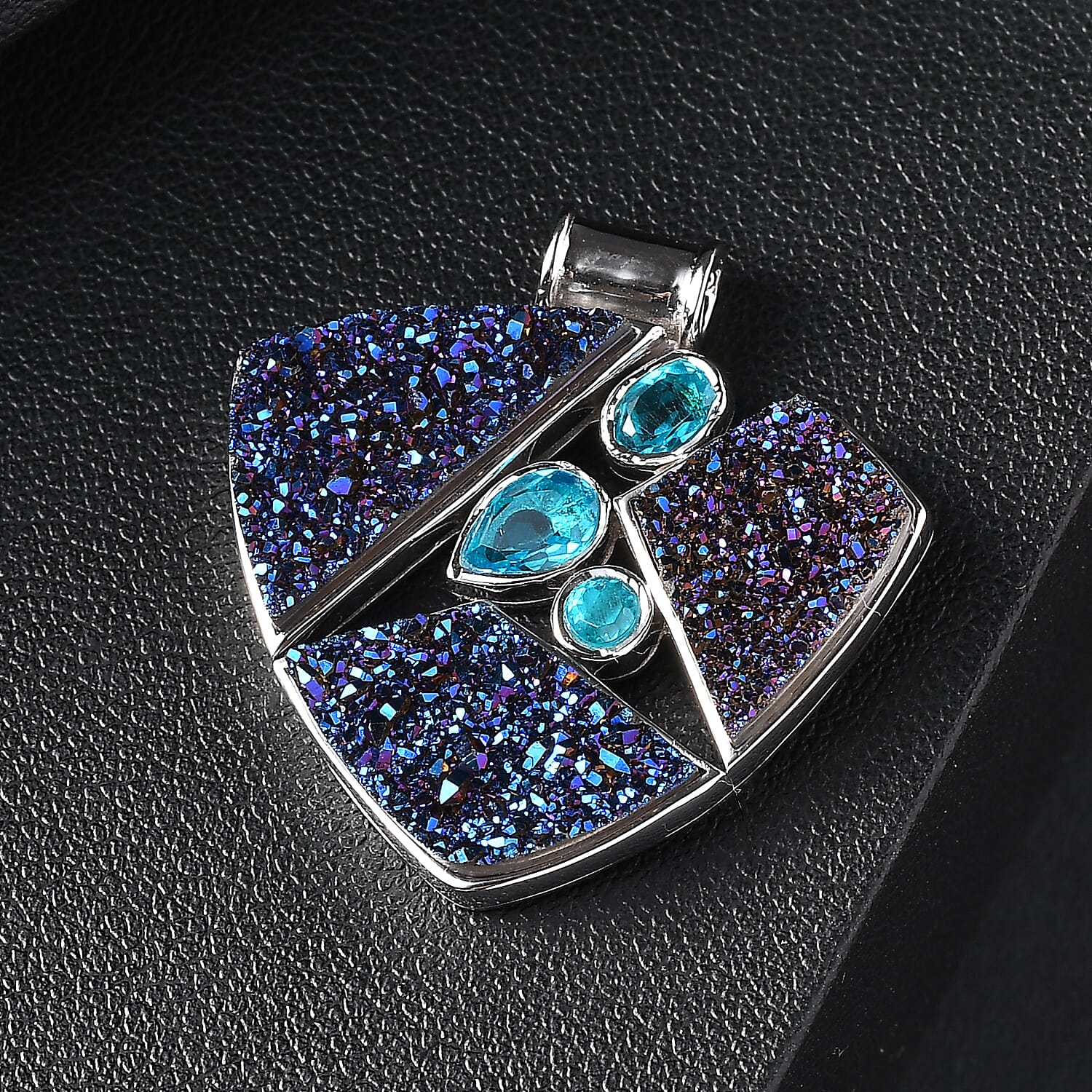 Sajen Silver Paraiba Triplet Quartz & Drusy Agate Pendant in Rhodium Overlay Sterling Silver 10.88 Ct