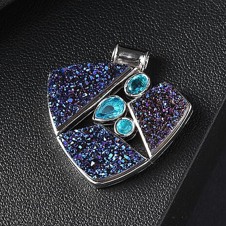 Sajen Silver Paraiba Triplet Quartz & Drusy Agate Pendant in Rhodium Overlay Sterling Silver 10.88 Ct