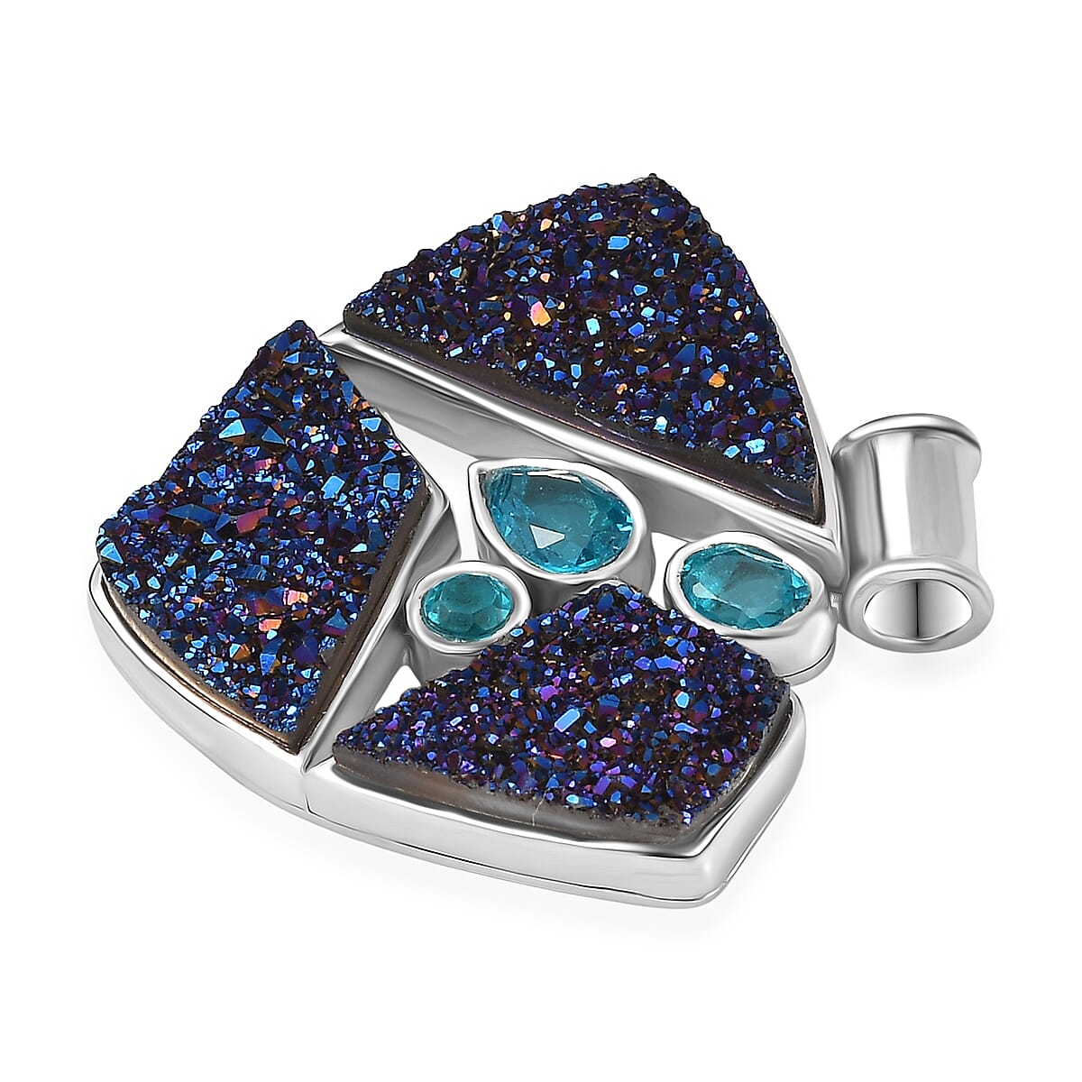 Sajen Silver Paraiba Triplet Quartz & Drusy Agate Pendant in Rhodium Overlay Sterling Silver 10.88 Ct