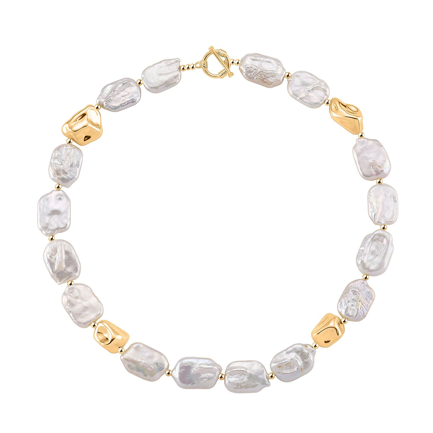 White Keshi Pearl Beads Necklace (Size 18) with T-Bar Clasp in Yellow Gold Plated 180.00 Ct.