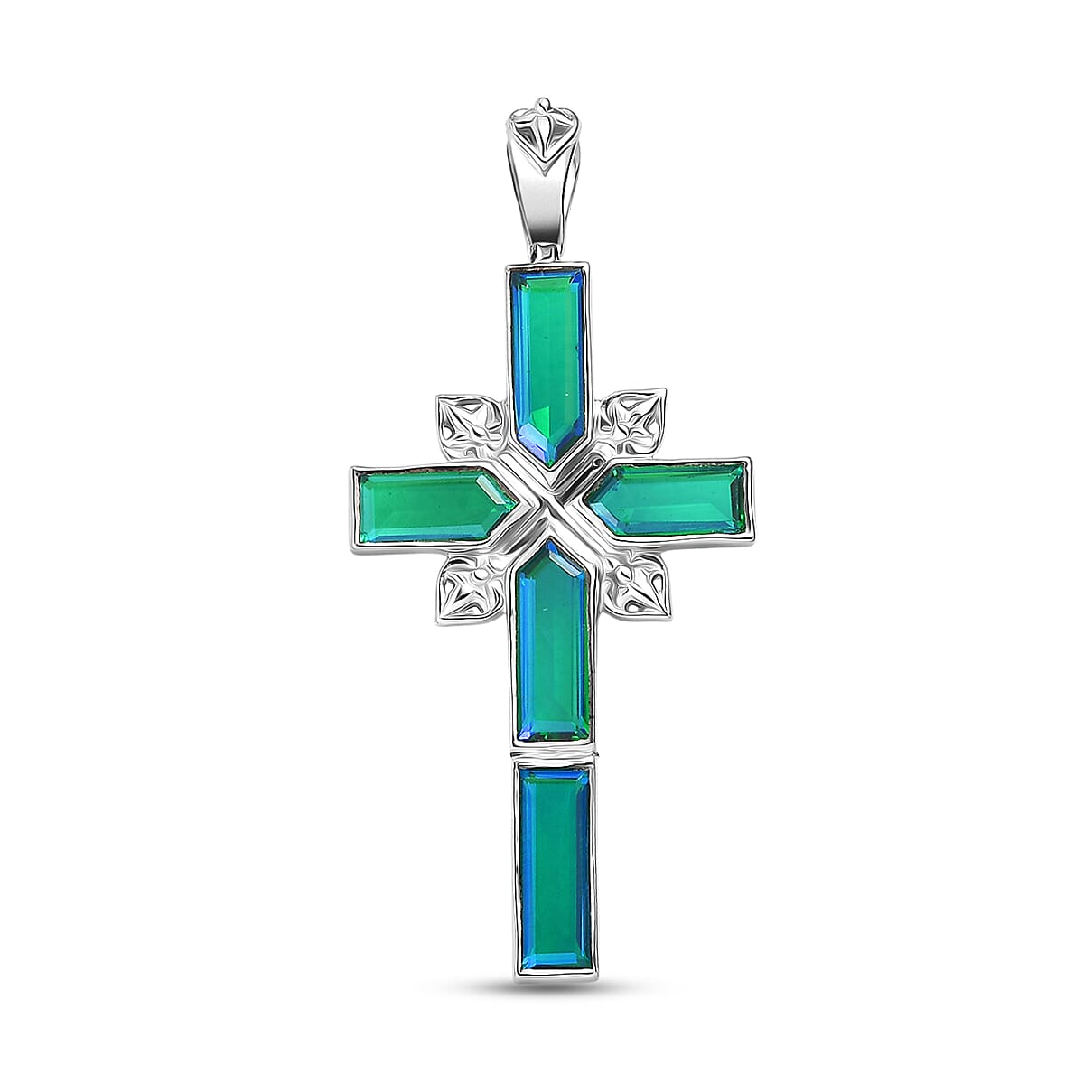 Sajen Silver - Peacock Triplet Quartz Cross Pendant in Rhodium Overlay Sterling Silver 3.49 Ct.