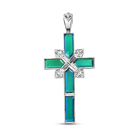 Sajen Silver - Peacock Triplet Quartz Cross Pendant in Rhodium Overlay Sterling Silver 3.49 Ct.