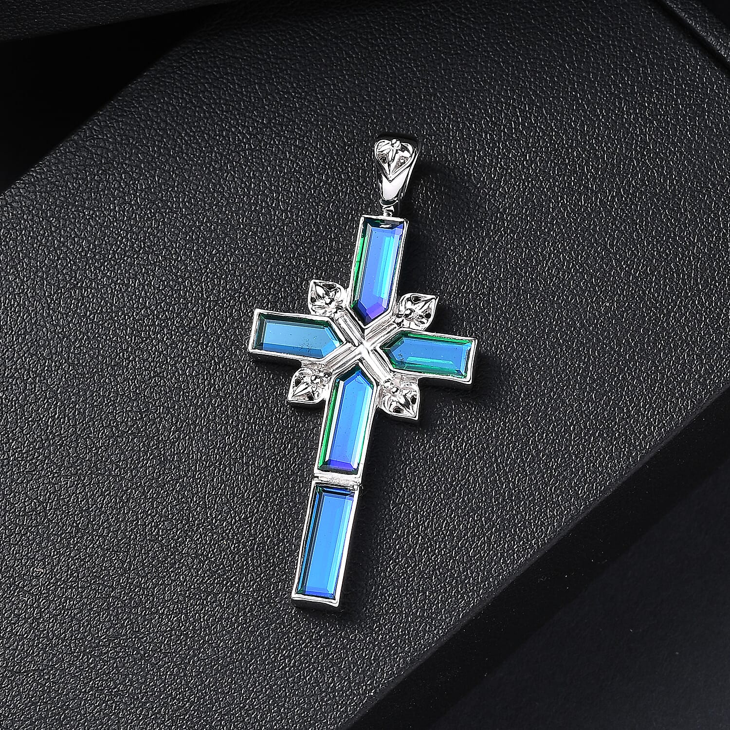 Sajen Silver - Peacock Triplet Quartz Cross Pendant in Rhodium Overlay Sterling Silver 3.49 Ct.
