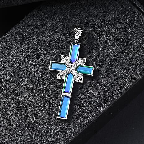 Sajen Silver - Peacock Triplet Quartz Cross Pendant in Rhodium Overlay Sterling Silver 3.49 Ct.
