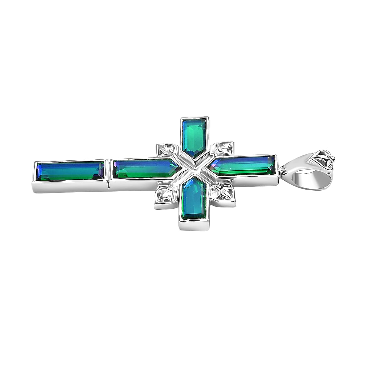 Sajen Silver - Peacock Triplet Quartz Cross Pendant in Rhodium Overlay Sterling Silver 3.49 Ct.
