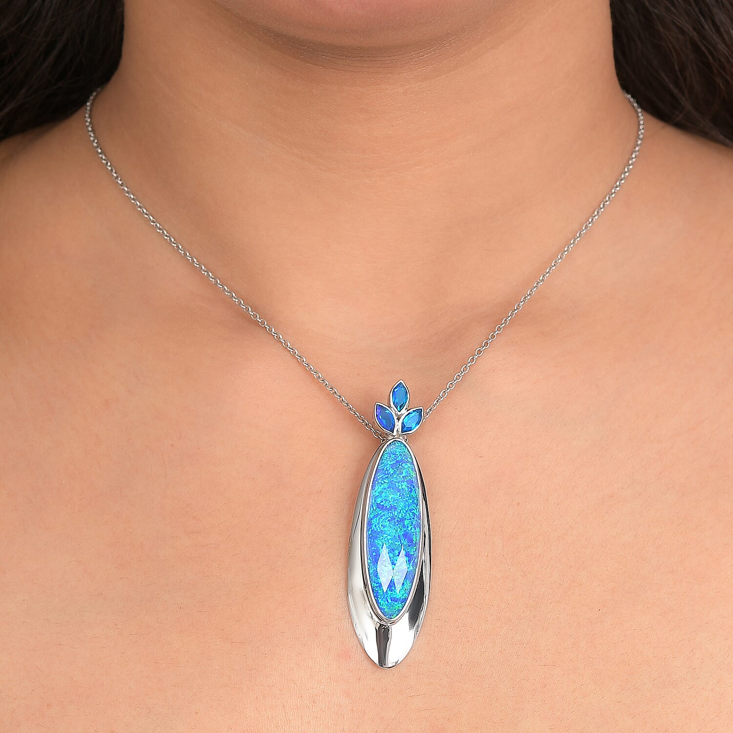 Sajen Silver- Opal Doublet & Paraiba Triplet Quartz Pendant in Rhodium Overlay Sterling Silver 19.30 Ct.