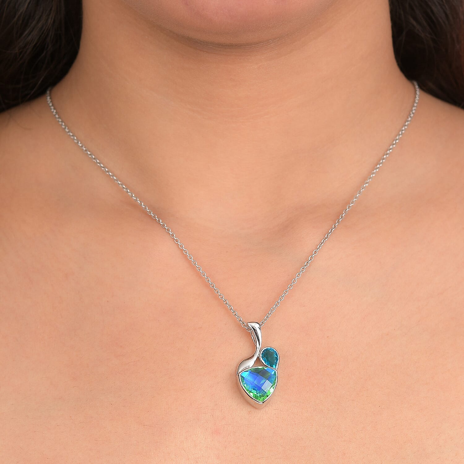 Sajen Silver Peacock Triplet Quartz & Celestial Swiss Blue Mystic Quartz Pendant in Rhodium Overlay Sterling Silver 5.68 Ct.