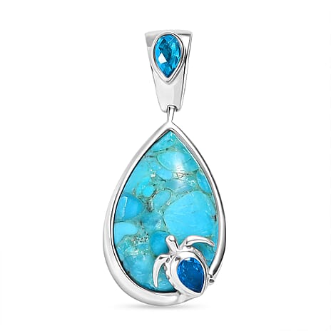 Sajen Silver - Swiss Blue Mystic Quartz & Turquoise Pendant in Rhodium Overlay Sterling Silver 11.90 Ct.
