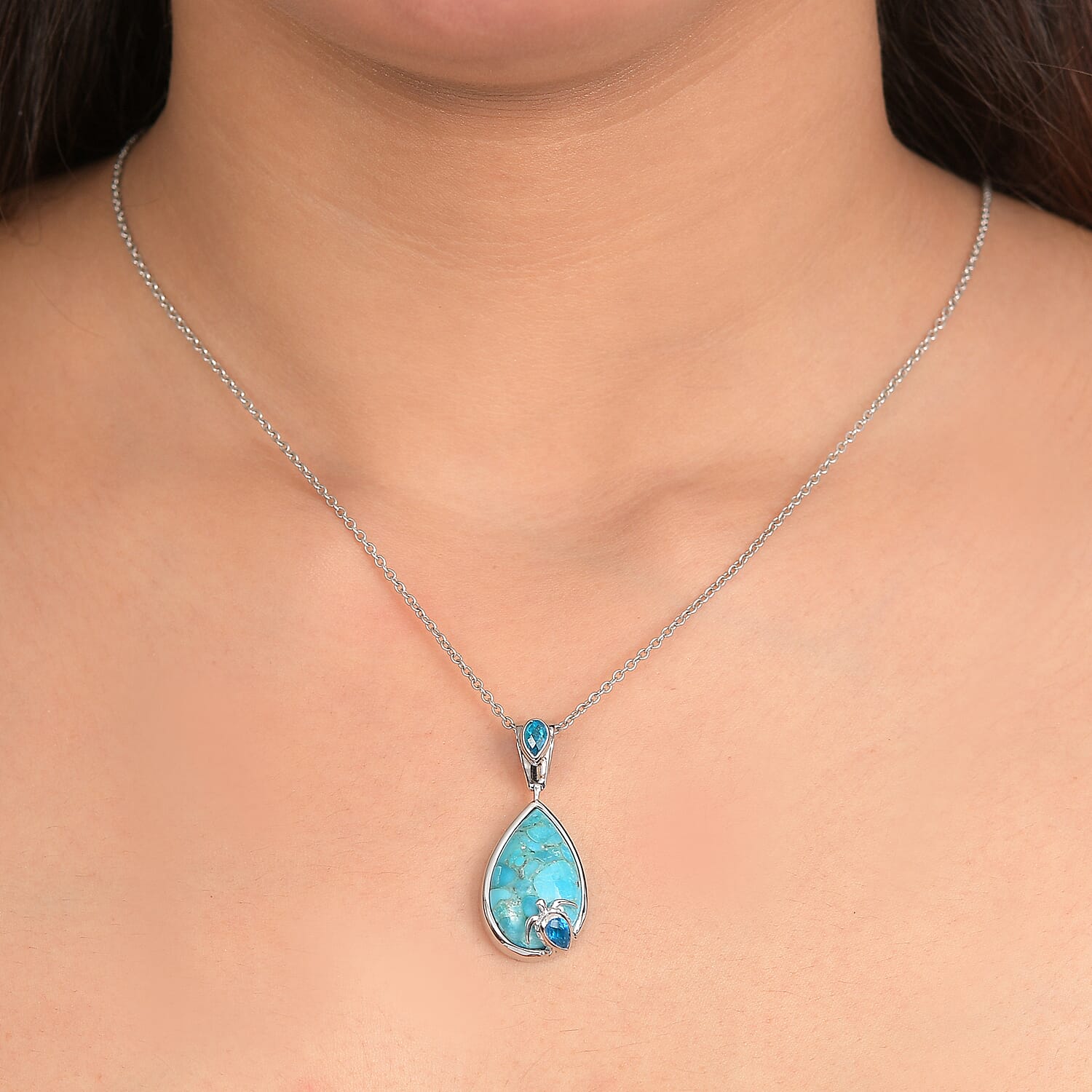 Sajen Silver - Swiss Blue Mystic Quartz & Turquoise Pendant in Rhodium Overlay Sterling Silver 11.90 Ct.